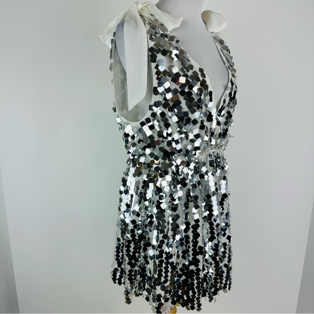 Buddy Love Silver Sequin A-Line Mini Dress with White Tie Straps - Picture 6 of 15